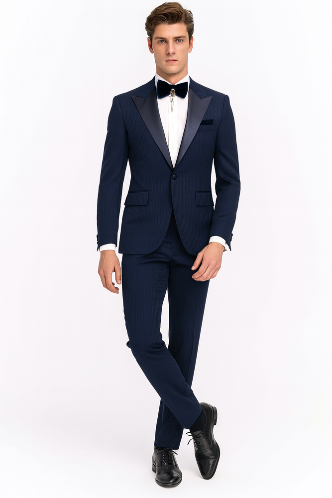 Men’s Navy Blue  Tuxedo with Satin Peak Lapel With Matching Color Lapel Sateen – Formal 2 Piece Suit