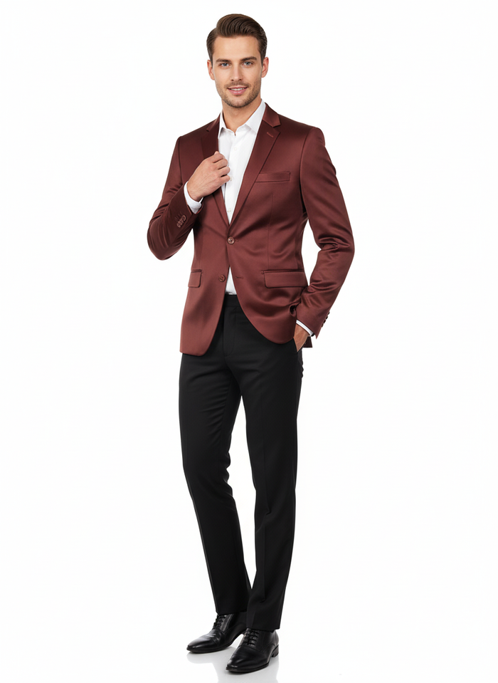 Men’s Slim Fit Maroon Satin Blazer – Elegant Two-Button Formal Suit Jacket for Weddings, in Maroon Wine Color