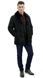 Men’s Black Sheepskin Leather Jacket Cowboy – Warm Faux Fur Collar Coat, Winter Long Jacket, Casual Western Style Outerwear