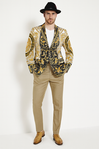 Men’s Black and Gold Baroque Blazer with Matching Pants, Hat, and Shoes – Luxury Party and Wedding Outfits Set