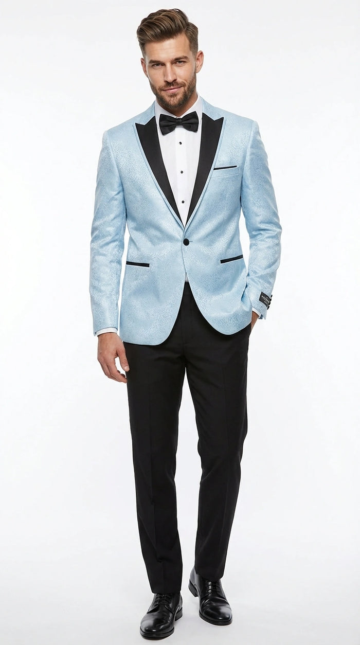 Men’s Baby Blue Tuxedo Blazer with Black Lapel – Formal Dinner Jacket for Wedding, Prom and Evening Events  in Sky Light Blue Color