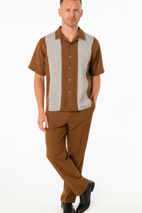 Men’s Cognac Tan Two-Piece Outfit – Short Sleeve Button-Up Shirt and Pants Set