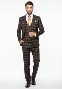 Men’s Brown Plaid Windowpane Three-Piece Suit Set – Classic Slim Fit Jacket, Double-Breasted Vest and Modern Fit Pants  By Rossiman