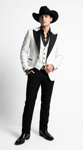 Men’s White Cowboy Tuxedo with Black Satin Lapel – Western Formal Suit with Matching Vest