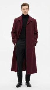 Men’s Full-Length Burgundy Overcoat – Microfiber 4 season fabric  Long Formal Coat with Classic Tailored Maxi Duster Coat
