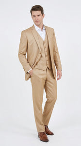 Men’s Camel Khaki Bronze Sharkskin 3-Piece Suit – Modern Wedding, Business and Formal Suit with Matching Vest