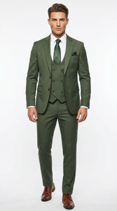 Men’s Forest Green Three Piece Suit – Double Breasted Vest Formal Wedding and Business Suit Set Olive Green Slim Fit