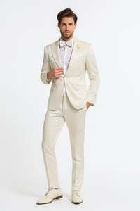 Men’s Champaign Ivory  Jacquard Paisley Tuxedo Suit with Satin Shawl Lapel – Elegant Wedding and Prom Outfit By Rossiman