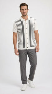 Mens White and Charcoal Gray Stripe Walking Suit Set – Short Sleeve Button Shirt and Pants Casual Summer Outfit for Travel, Vacation and Everyday Wear