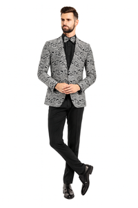 Men’s Black and Silver Paisley Tuxedo Jacket – Slim Fit Dinner Blazer with Matching Bow Tie with Black Pants