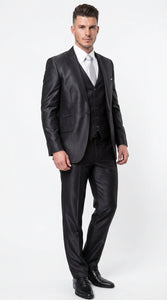 Men’s Black Three Piece Suit – Modern Fit 3PC Formal Suit with Vest for Wedding, Prom and Business Events Sharkskin Shiny Fabric