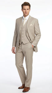 Men’s Tan Pinstripe Three Piece Suit – Classic Fit Pleated Pants  Tan Sand Beige Wedding, Church Shadow Ton on Tone  Business Suit for Men