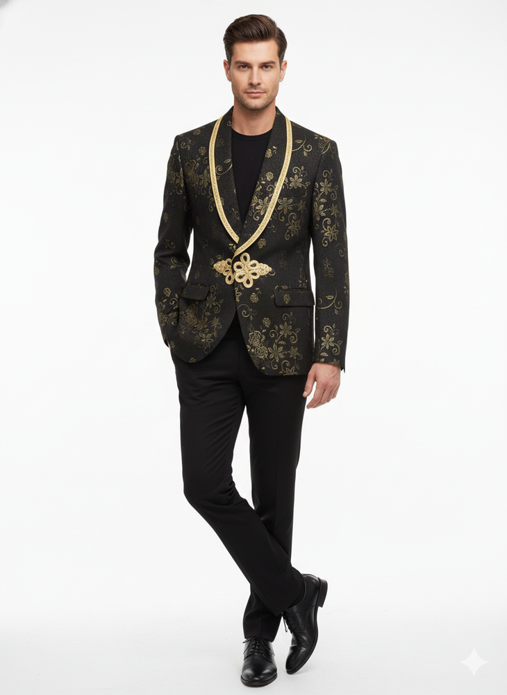 Men’s Black and Gold Embroidered Luxury Blazer – Designer Floral Pattern Wedding & Party Jacket (Sim534)