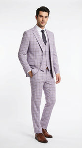 Men’s Lilac Lavender Windowpane Check 3 Piece Suit – Lilac Plaid Formal Suit with Vest for Wedding, Prom and Business Events