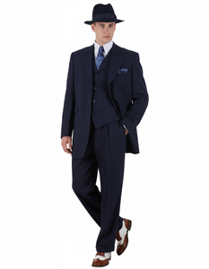 Men’s 1920s Navy Blue Zoot Suit with Fedora Hat and Wingtip Shoe –Classic Gangster 3-Piece Long  - Classic Fit Pleated Pants
