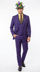 Men’s Purple Pinstripe Mardi Gras Suit | Three Piece Carnival Formal Suit with Vest