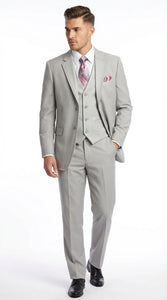 Men’s Light Gray 3 Piece Suit – Ice Silver Gray Formal Suit Set with Vest, Patterned Lapel and Tie for Wedding, Prom and Business Events