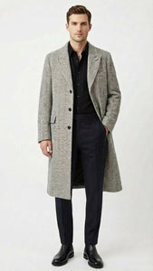 Men’s Grey Herringbone Long Overcoat – Tweed Black and White Pattern Wool Topcoat Three Qaurter