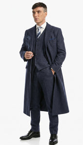 Men’s Navy Blue Herringbone Tweed  1920s 3 Piece Suit with Overcoat – Vintage Peaky Blinder Style Formal Suit Set with Blazer, Waistcoat + Overcoat + Hat