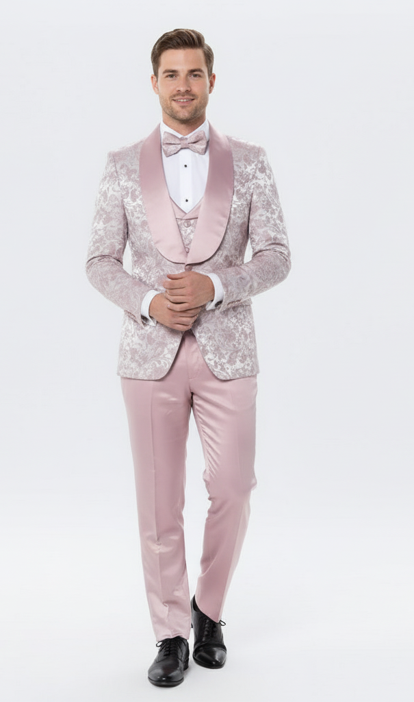 Men’s Light Pink Dusty Rose -  Floral Tuxedo Suit – Luxury Satin Shawl Lapel 3-Piece Formal Wedding and Prom Suit in Blush Mauve color