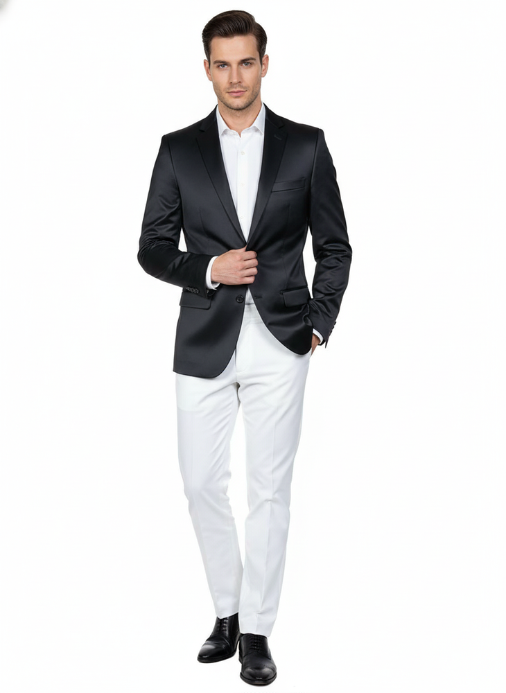 Men’s Black Satin Blazer – Classic Slim Fit Two-Button Formal Suit Jacket for Weddings, Parties, and Business Events