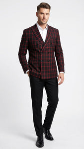 Men’s Black and Red Check Double Breasted Blazer – Sport Coat Jacket Windowpane Sportcoat Slim Fit