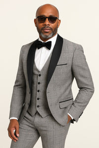 Men's Black and White Plaid Tuxedo – 3 Piece Suit with Black Velvet Shawl Lapel - Gray Glein Tartan Pattern Wedding Suit