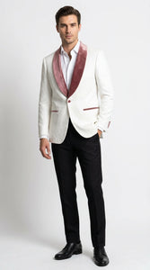 Men’s Ivory and Rose gold Floral Blazer – Elegant Shawl Lapel Formal Blazer Jacket for Wedding, Party, Prom