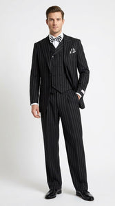 Men’s Black Pinstripe 3-Piece Suit Wool Suit  – Classic Fit Single Button Suit with Wide Leg Pleated Pants By Tiglio Russo