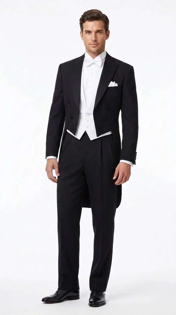 Men’s Black Victorian Tailcoat Tuxedo – 1800s 19th Century Edwardian Peak Lapel Formal Suit