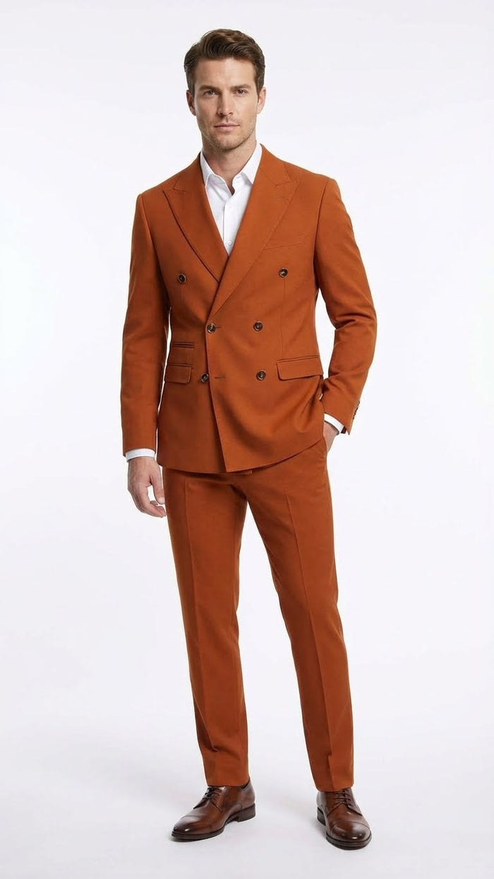 Vitali Brand Men’s Burnt Orange Double Breasted Suit – in Rust Brick Copper Color