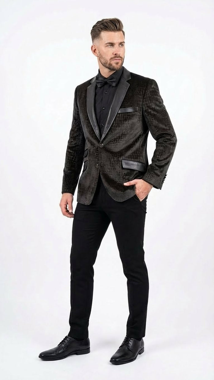 Men’s Crocodile Alligator Exotic skin Texture Blazer – Slim Fit Designer Jacket with Satin Lapels for Formal and Party Wear in Black Color