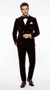 Men’s Dark Brown Velvet Blazer and Pants 2 Piece Suit, Double Breasted Formal Dinner Suit for Weddings, Prom