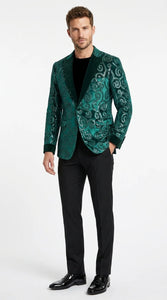 Men’s Emerald Green Paisley Tuxedo Dinner Jacket with Black Lapel, Formal Prom Wedding Party Blazer
