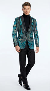 Men’s Black and Turquoise Blue With teal green Sequin Dinner Jacket, Formal Prom Wedding Paisley Floral Mardi Gra Pattern