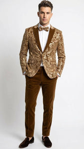 Men’s Goldish Light brown Tuxedo dinner Jacket Embroidered Blazer – Velvet Jacket for Formal Paisley Pattern Coffee Mocca Color