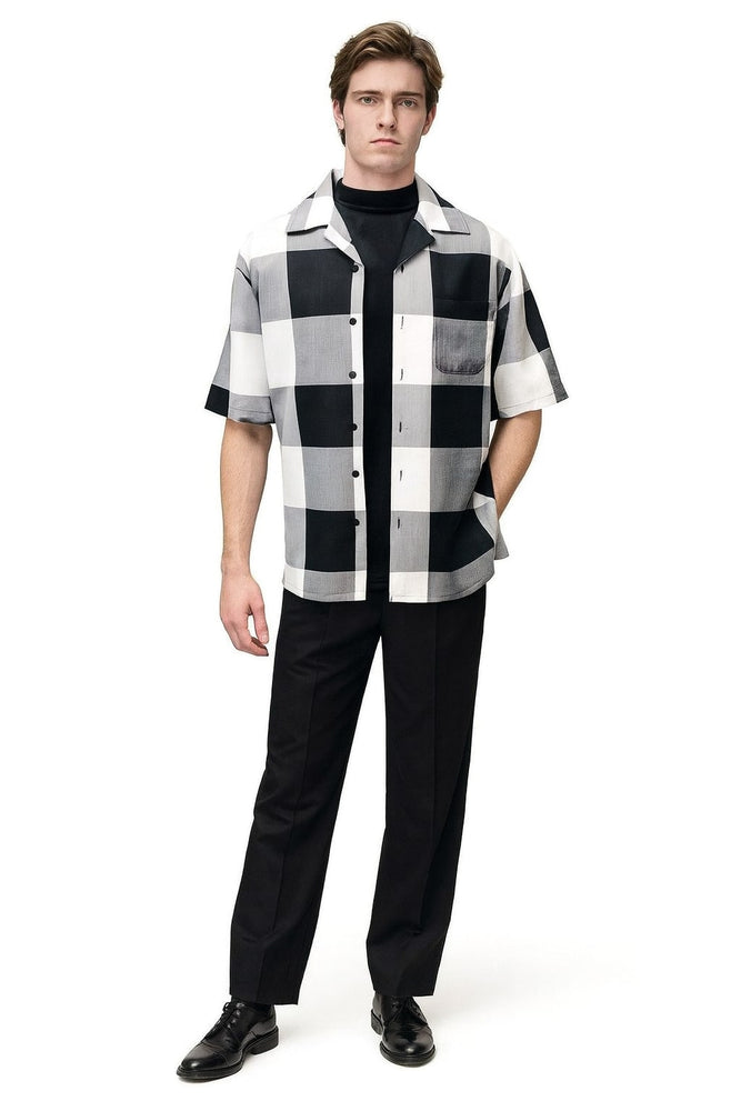Mens Black and White Checkered Short Sleeve Shirt Set – Casual Two-Piece Summer Outfit