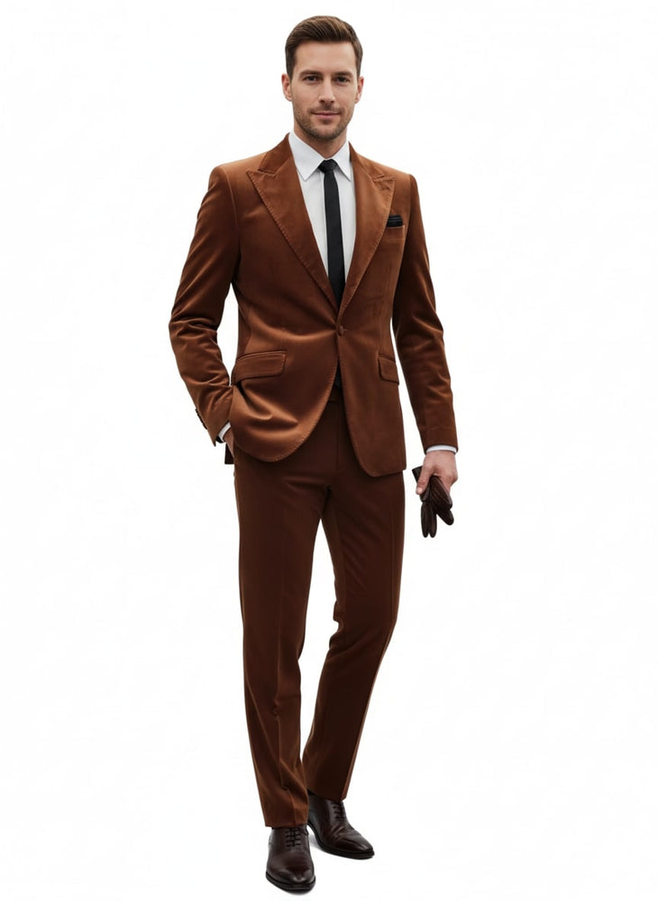 Mens Brown Velvet 2-Piece Suit – Luxury Slim Fit Formal Blazer and Pants Set in Rust Copper Color