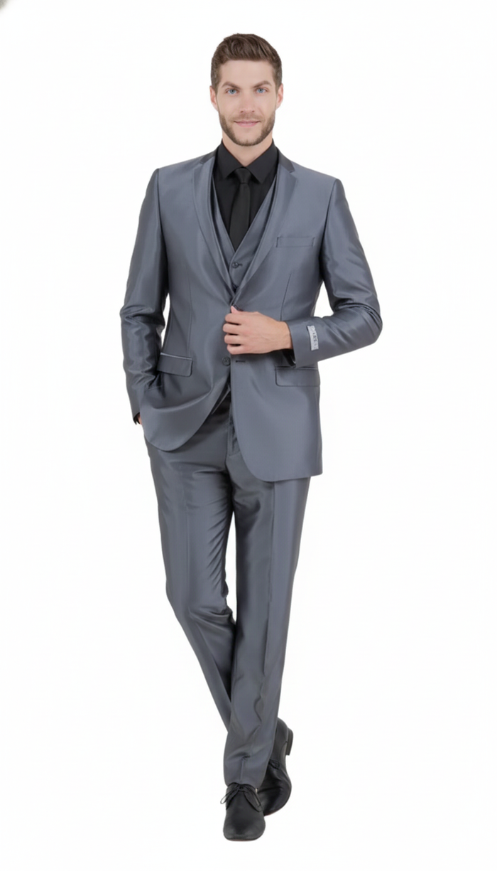 Men’s Dark Grey Shiny Two-Piece Suit – Slim Fitted Formal Jacket and Tailored Pants - Sateen Metalic in Charcoal Gray Color