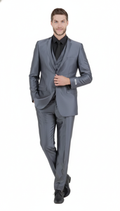 Men’s Dark Grey Shiny Two-Piece Suit – Slim Fitted Formal Jacket and Tailored Pants - Sateen Metalic in Charcoal Gray Color