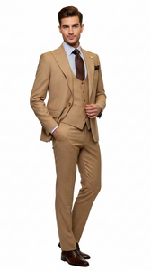 Men's Tan Three-Piece Suit with Vest – Classic Tailored Fit  in camel khaki Bronze color By Rossiman