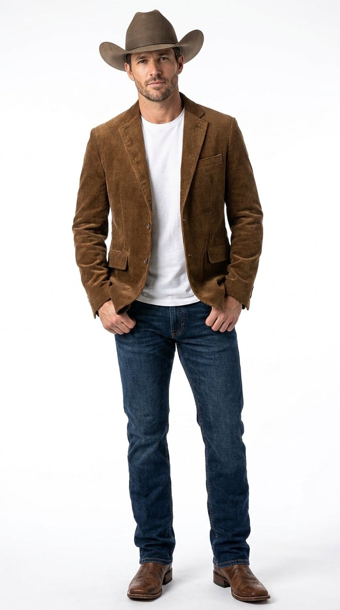 Men’s Brown Corduroy Country Blazer – Two-Button Western Sport Coat for Casual
