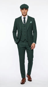 Men’s Hunter Green Pinstripe 3-Piece Suit – Vintage Wedding, Prom and Formal Suit with Matching Vest