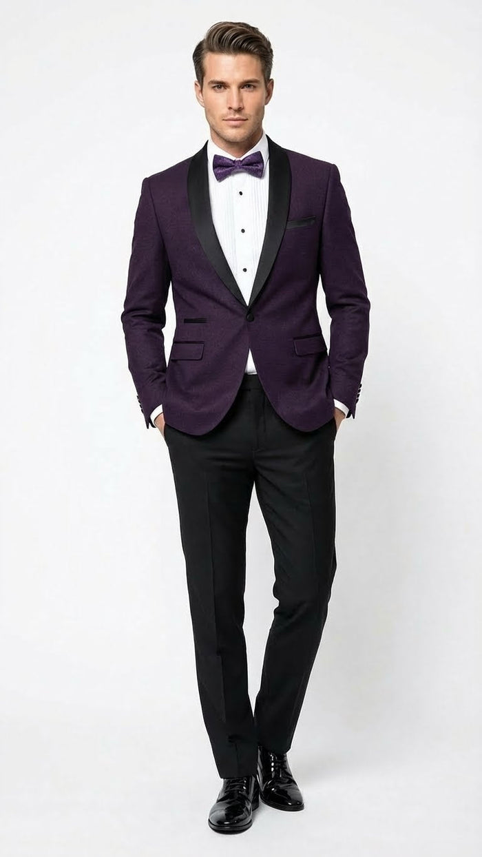 Men’s Eggplant Plum Purple Tuxedo Blazer with Satin Lapel, White Tuxedo Shirt and Matching Purple Bow Tie - Slim Fitted - Prom wedding Suit With Pants