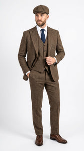 Peaky Blinder Men’s Brown Tweed 3-Piece Suit – Vintage Wedding, Business and Formal Suit with Matching Vest and Pants