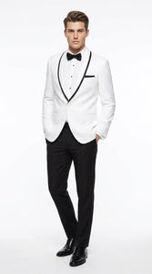 Men’s White Tuxedo Jacket – Black Trim Shawl Lapel Formal Dinner Blazer for Weddings, Prom Wedding Blazer Modern fit