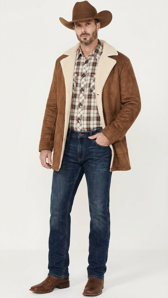 Men’s Brown Western Faux Suede Blazer Coat – Cowboy Style Long Jacket for Wedding, Party and Special Events