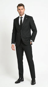 Men’s Black Tonal Shadow Pinstripe Vested Suit – 3 Piece Classic Fit Formal Wedding & Business Suit By Vitali