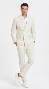 Men’s Ivory Cream Double-Breasted Linen Suit – Off-White Summer Wedding Slim Fitted 2-Piece Suit Cream Color
