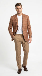 Vitali Men’s Rust Copper Brown Plaid Blazer with Tan Pants – Classic Windowpane, Business and Smart-Casual Birck color  Suit